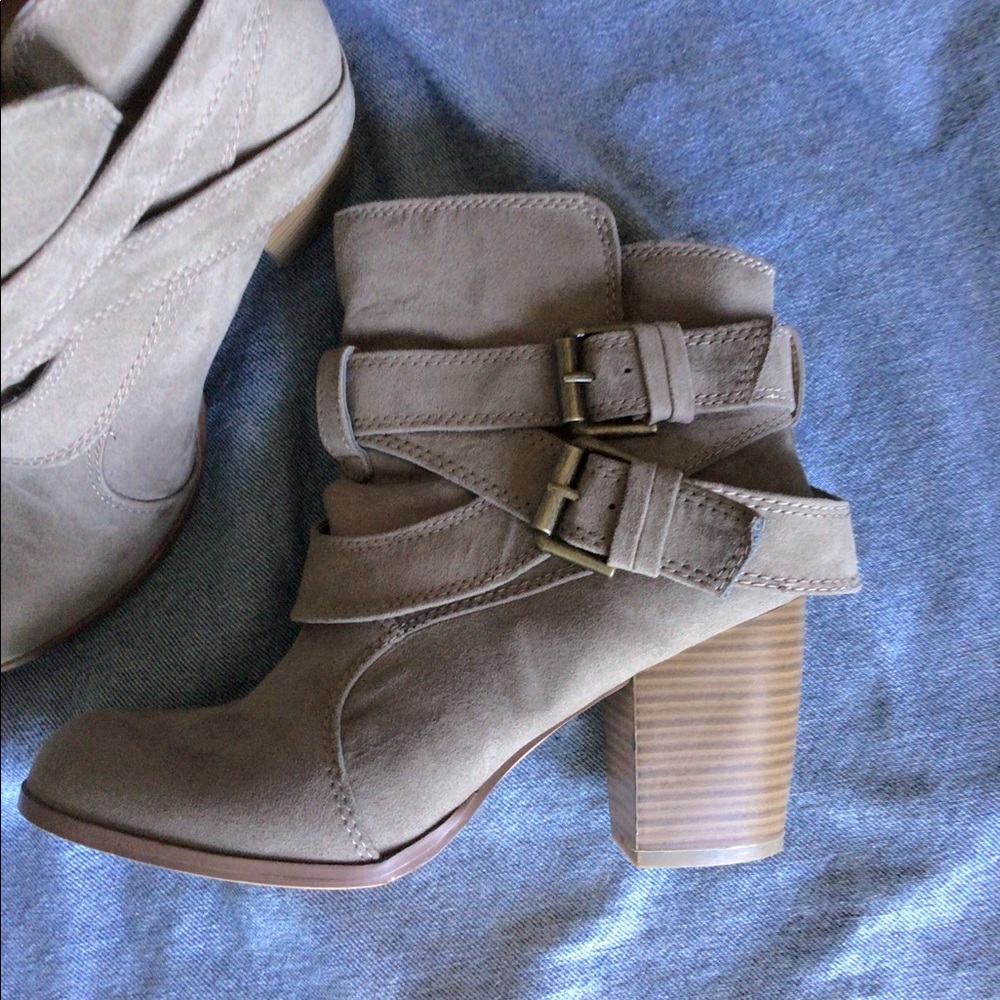 AE Booties, Block Heeled, Taupe Faux Suede